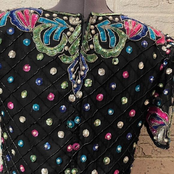 Vintage Sweelo Sequined Party Cocktail Black Pink Top Small - Picture 8 of 14